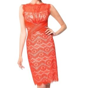 Tadashi Shoji Sheer Illusion Lace Paprika Red Sheath Holiday Party Dress SZ 8